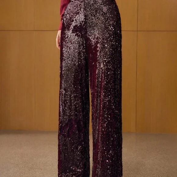 Burgundy Party Women's Contrast Sequin Straight Leg Suit Pants